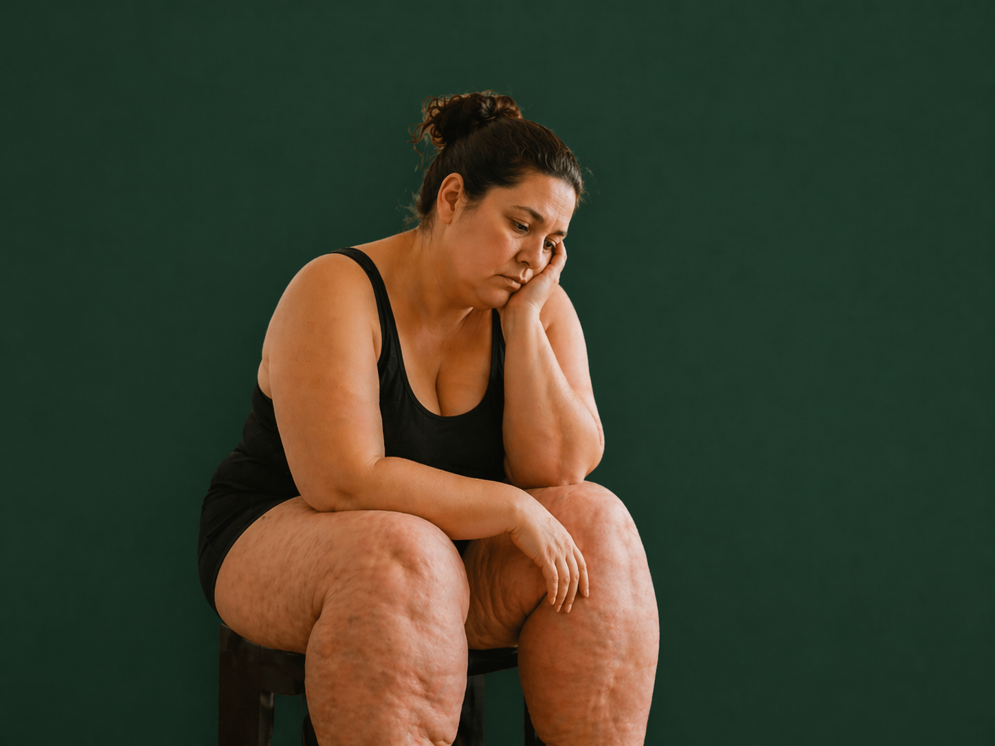 Mulher com lipedema — frustração e dor nas pernas